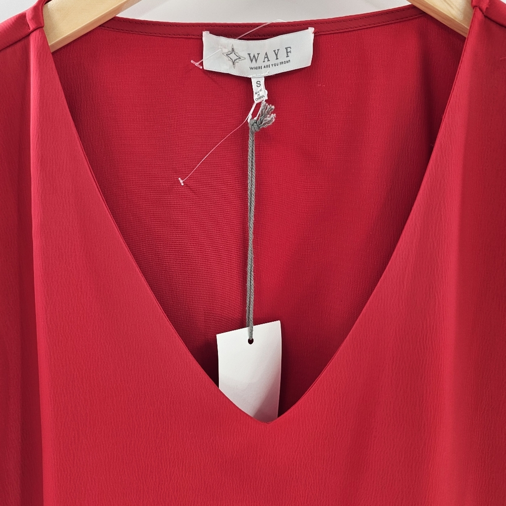 WAYF Red Long Sleeved Feather-Trim Cropped Satin V-Neck Top Womens Size Small - Picture 5 of 11